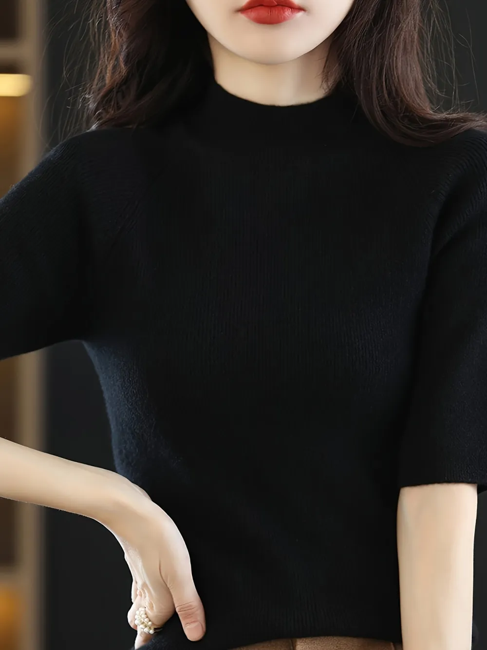 Mock Neck Knitted Top Casual Short Sleeve