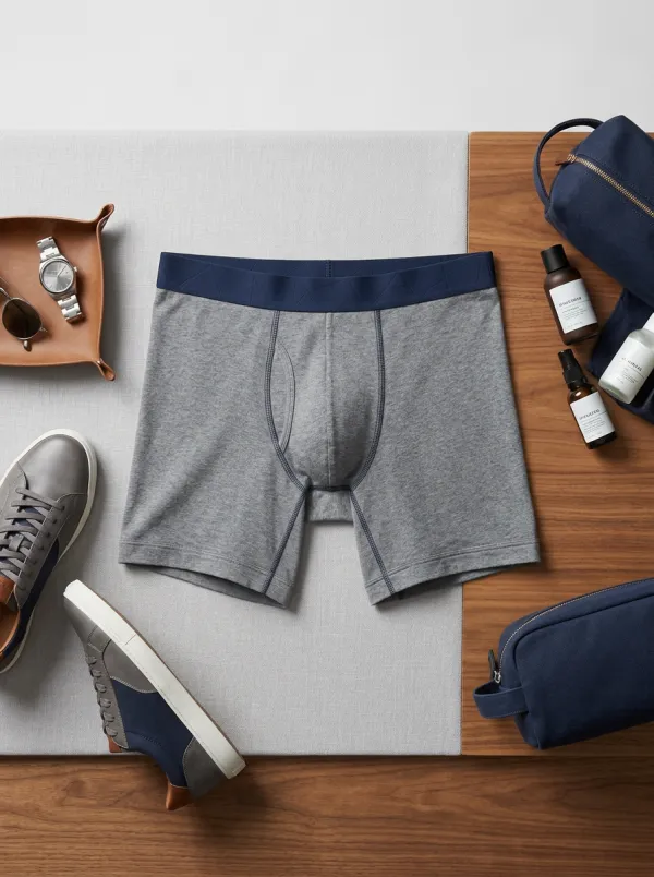 Men's Grey Heather Navy Waistband Cotton Boxer Briefs