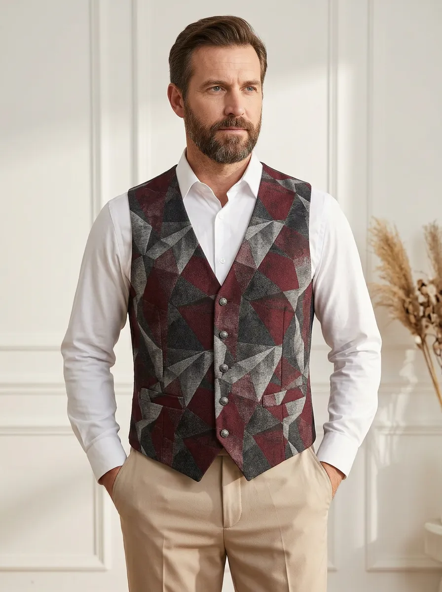 Men's Geometric Print Tailored Waistcoat with Geometric, triangular print throughout