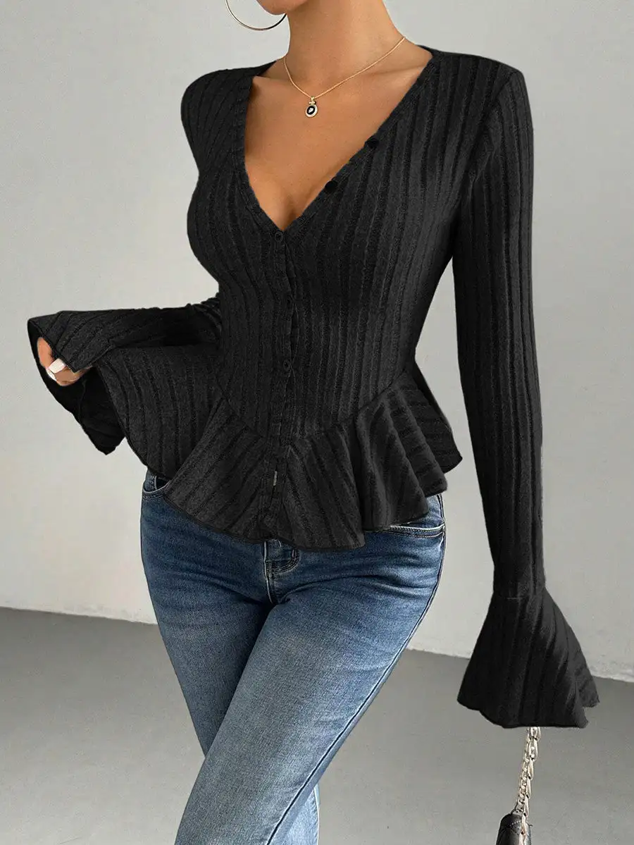 Flared Sleeve Long Sleeve Button Detail Ruffle Panel Detail Deep V-Neck T-Shirt
