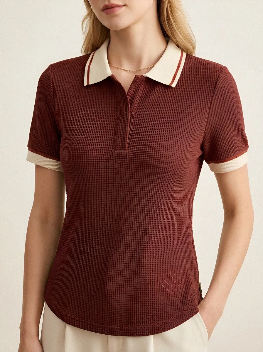 Women's Waffle-Knit Contrast-Collar Collared Polo Shirt