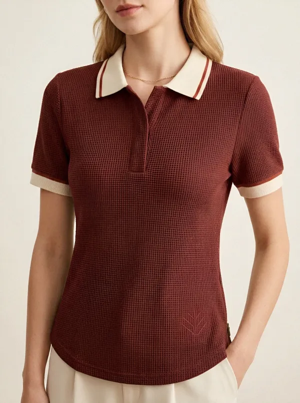 Women's Waffle-Knit Contrast-Collar Collared Polo Shirt