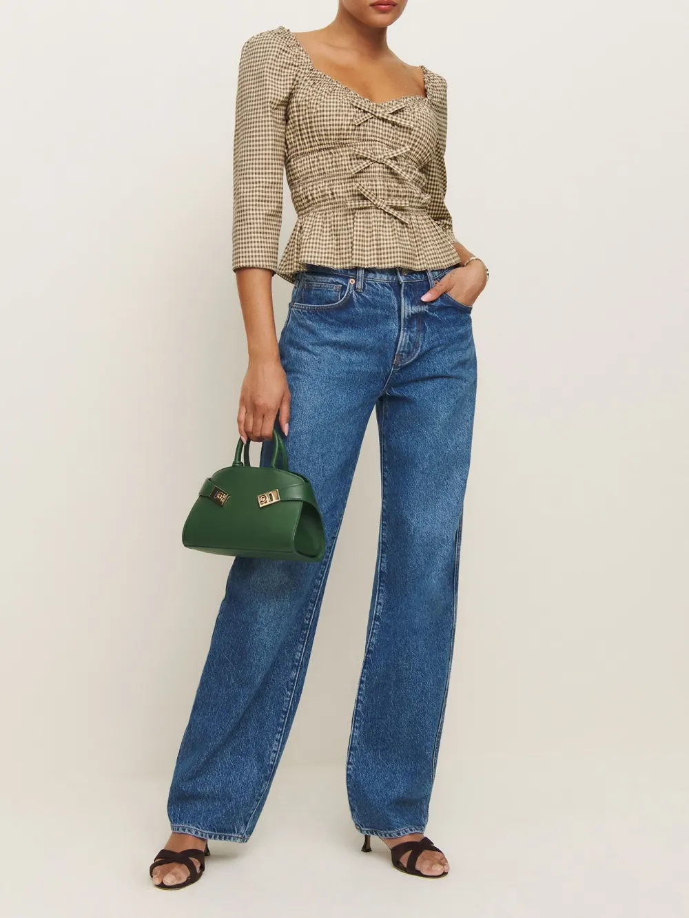 Ruched Square Neck Three Quarter Sleeve Blouse