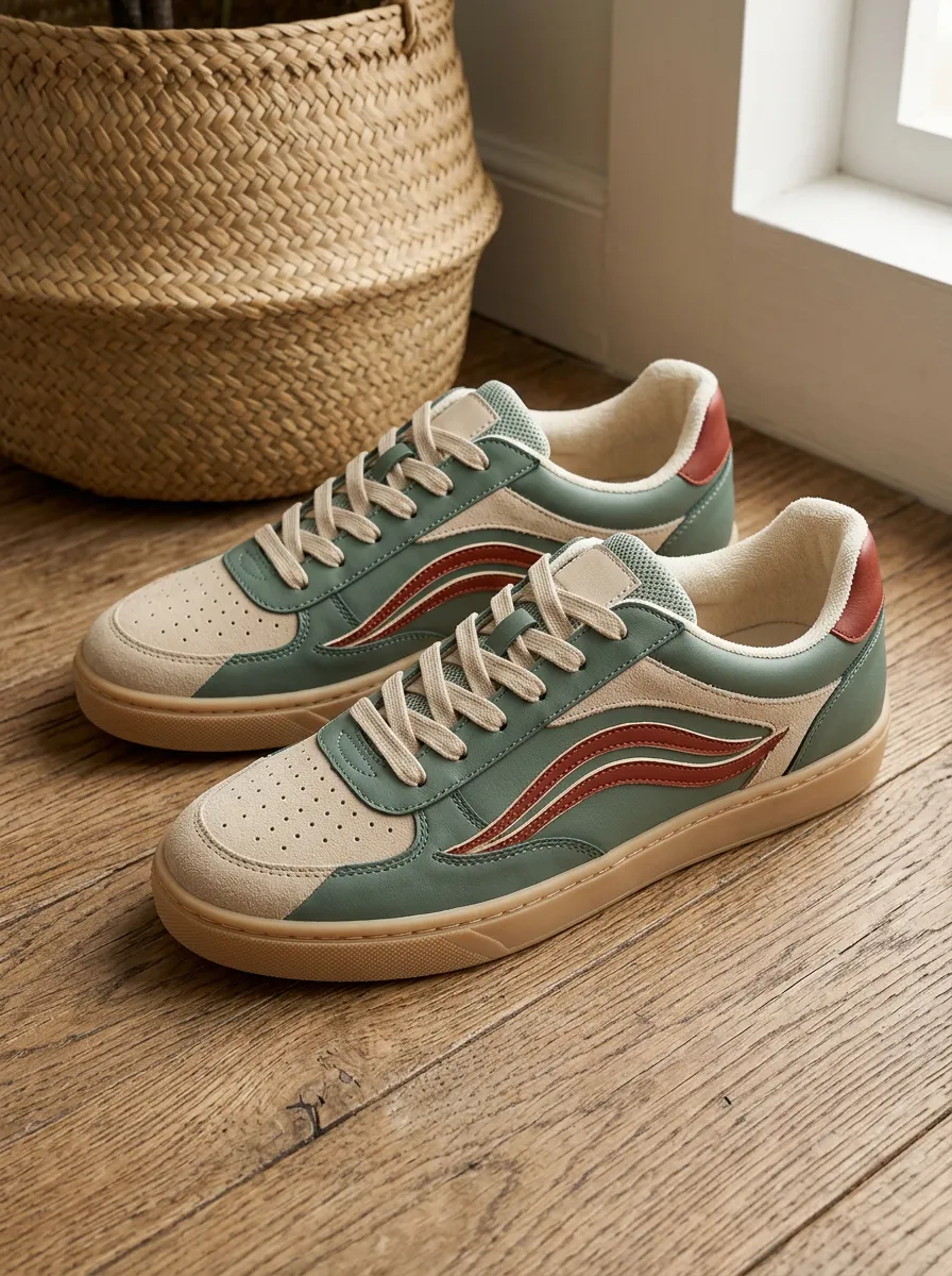 Women's Retro Sage Green Beige Wavy Pattern Printed Sneakers