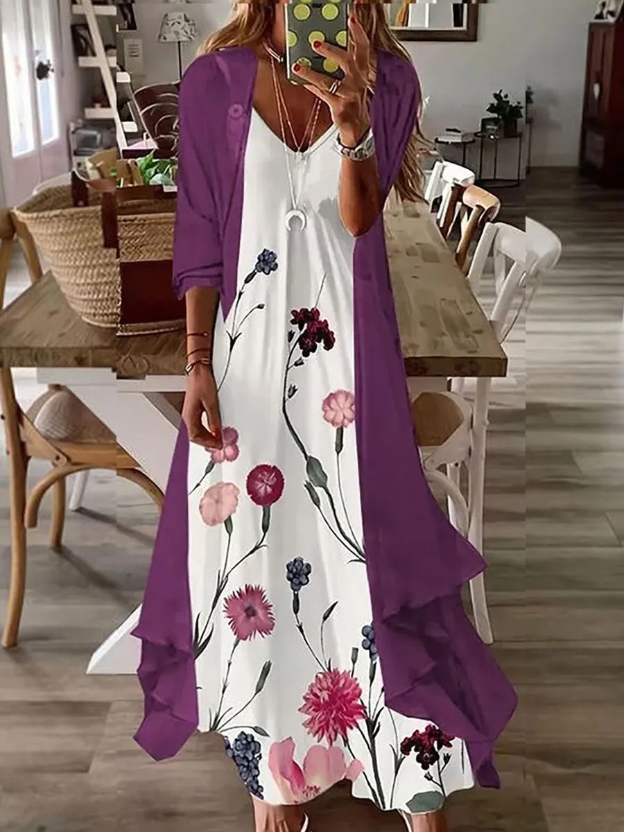 V-neck Casual Loose Floral Print Suit Maxi Dress