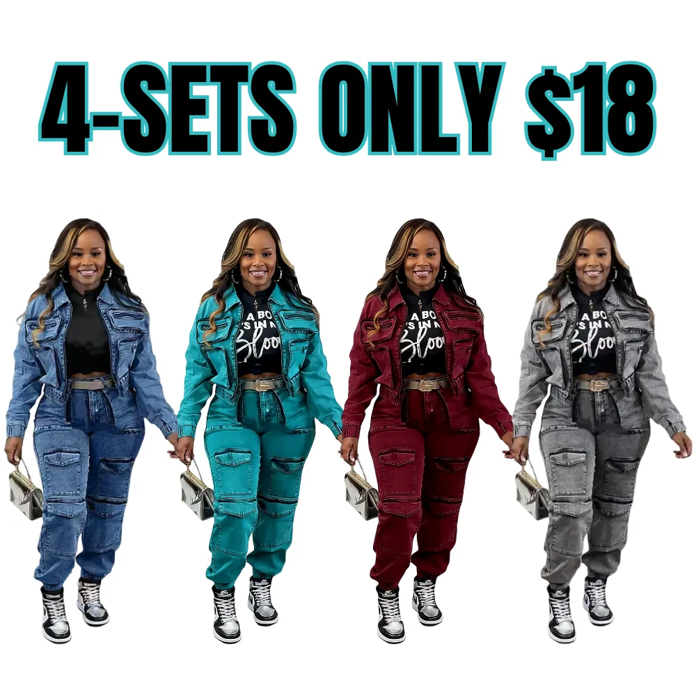 Two-Piece Women's Fashion Sexy High Elastic Multi-Pocket Washed Denim Casual Set