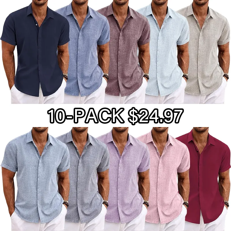 Men's Linen Shirts Short Sleeve Casual Shirts Button Down Shirt for Men Beach Summer Wedding Shirt