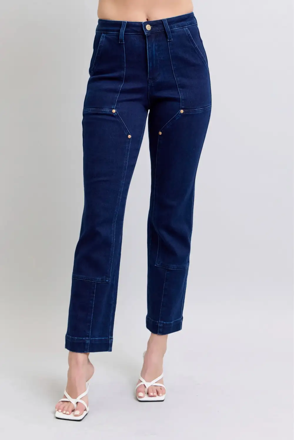 Cropped Washed Pocketed Stretch Straight Leg Jeans