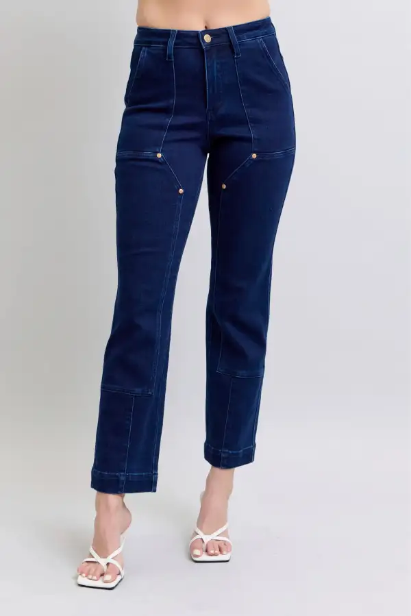 Cropped Washed Pocketed Stretch Straight Leg Jeans
