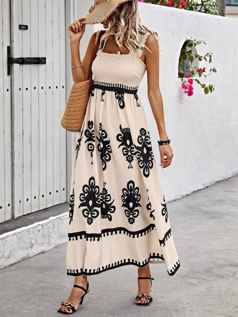 Printed Square Neck Smocked Maxi Dress