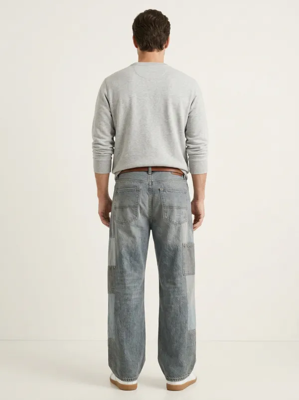 Wide Leg Patchwork Washed Finish Vintage-Inspired Men's Loose Fit Jeans