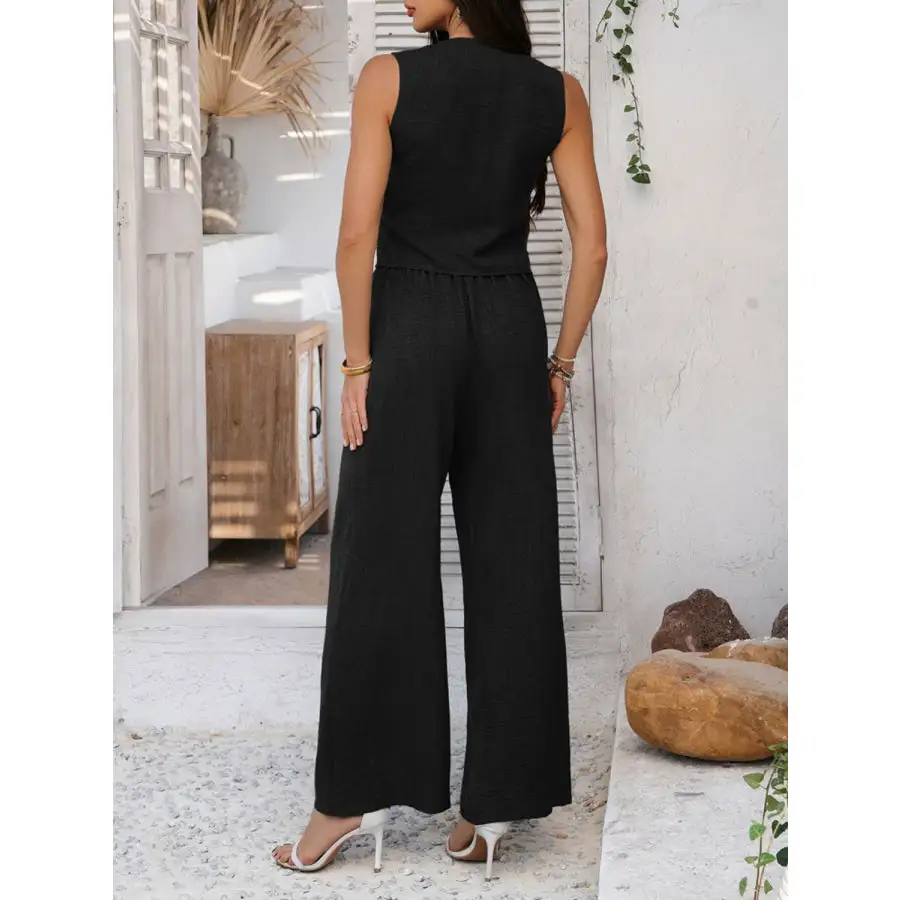 Button Down Vest and Wide Leg Pants Set