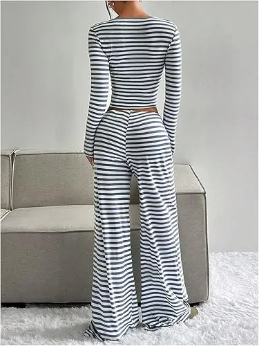 Women's Slouchy Square Neck Stripe Long Sleeve Crop Top & Low-Rise Wide Leg Trousers Co-ord, Minimalist Two Piece Outfits