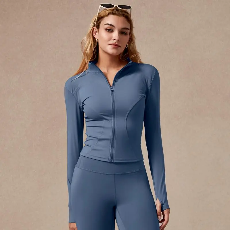 Women's Long Sleeve Full Zip Sports Jacket Slim Fit Quick Dry Breathable Stretch Fabric with Thumb Holes for Gym Running and Yoga Color 13 - Activewear casual fashion clothing