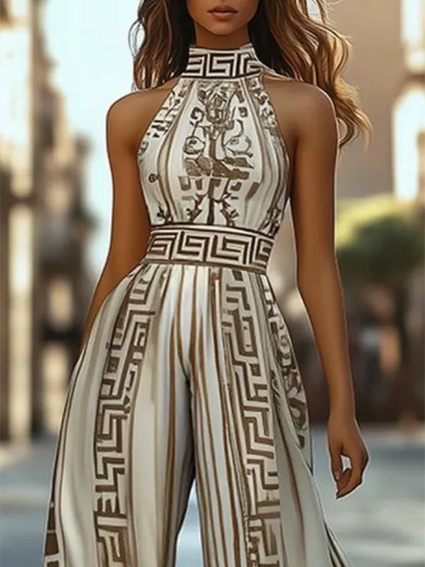 Mouwloze Jumpsuits Met Halterhals En Wijde Pijpen Print