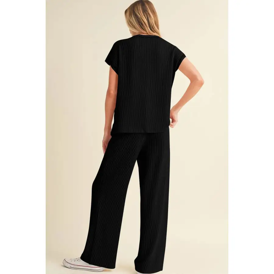 Solid Corded Short Sleeve Top and Casual Pants Set