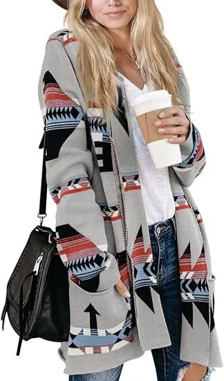 🧶 Women Boho Cardigan Aztec Open Front Long Sleeve Shawl Collar Sweater Coat✨ Effortlessly Boho. Warmth Meets Free Spirit.