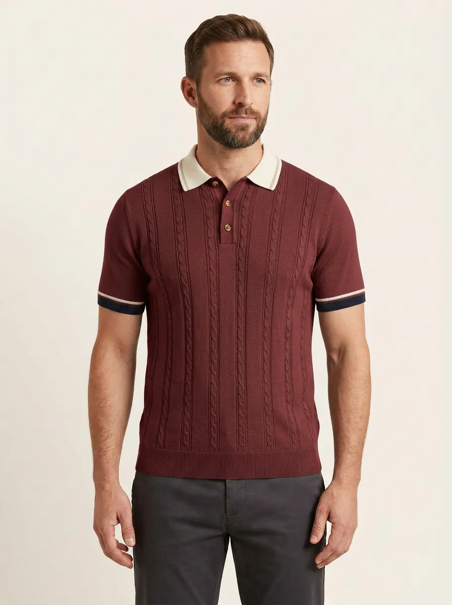 Men's Cable-Knit Ribbed Textured Striped Polo Shirt