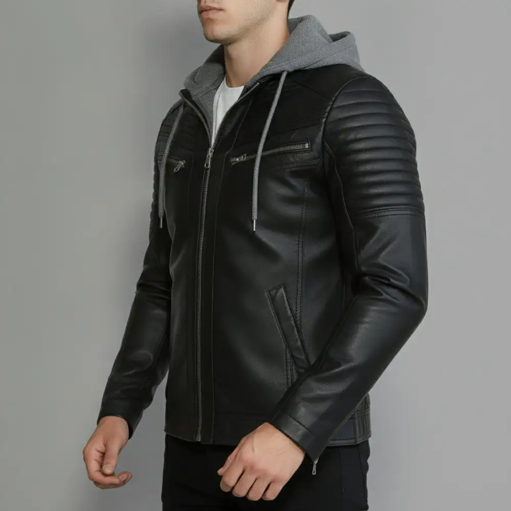 Modern Leather Biker Hooded Multi Pocket Jacket