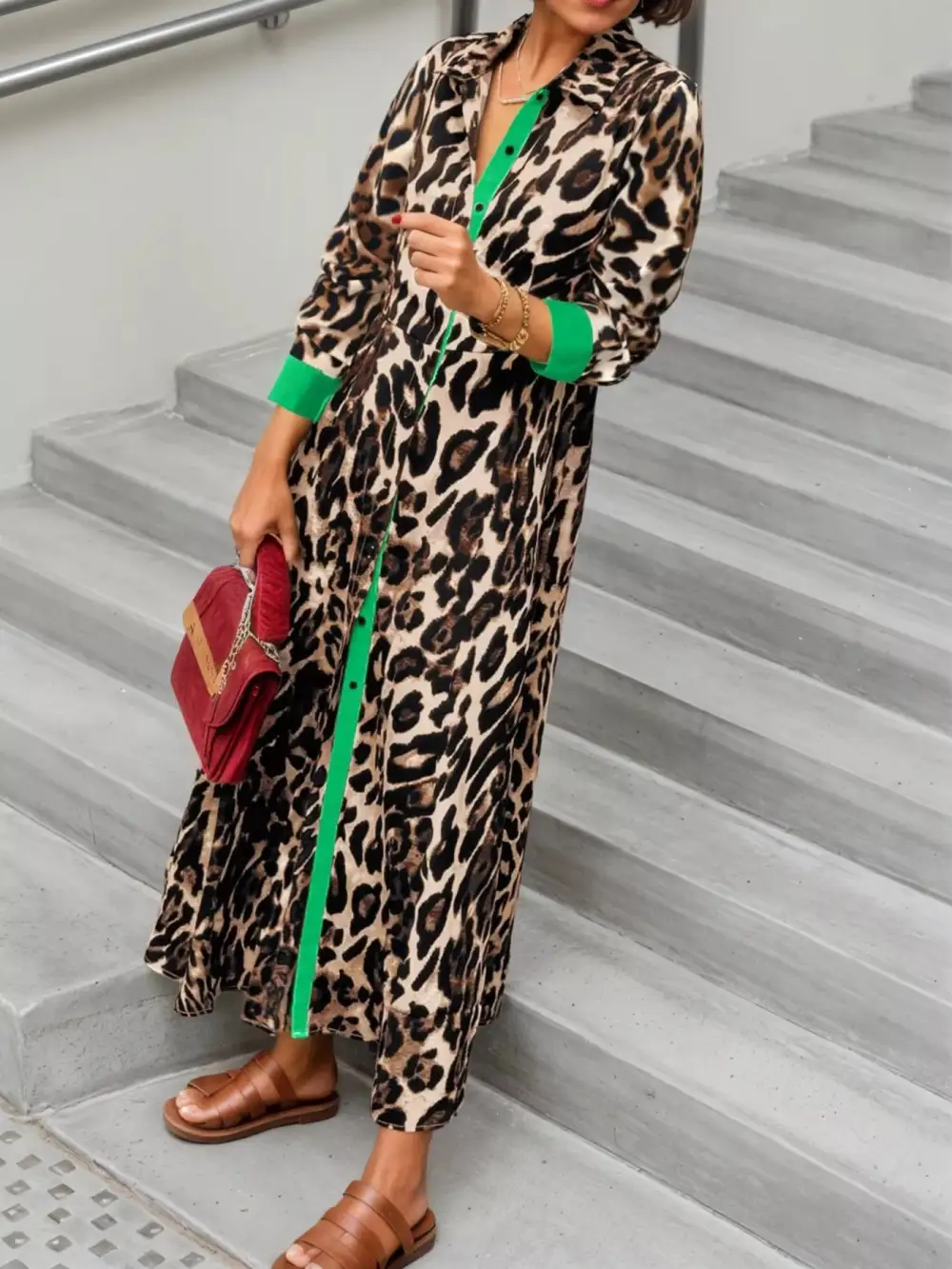 Long Sleeve Printed Colorblock Maxi Dress