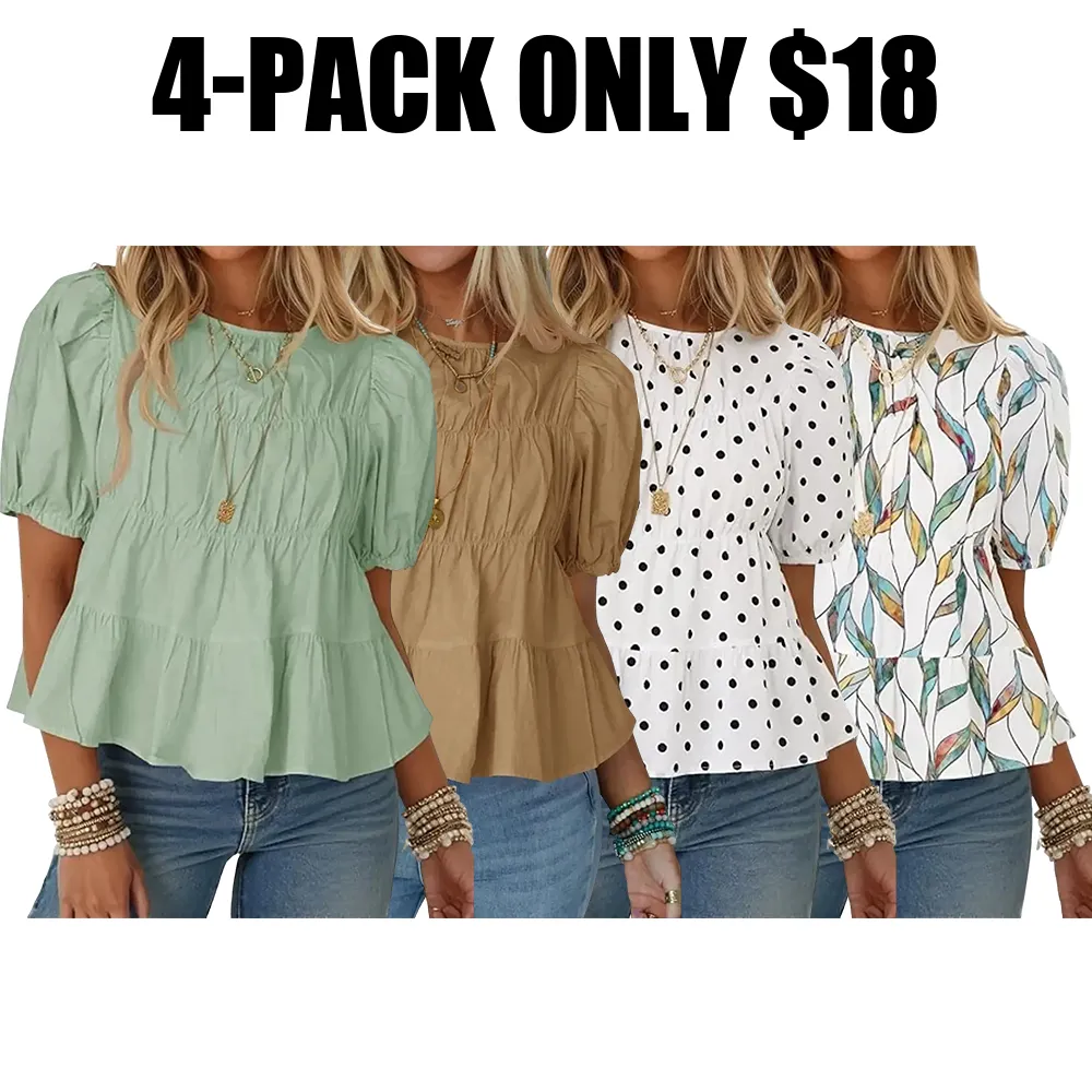 Womens Puff Sleeve Peplum Babydoll Tops