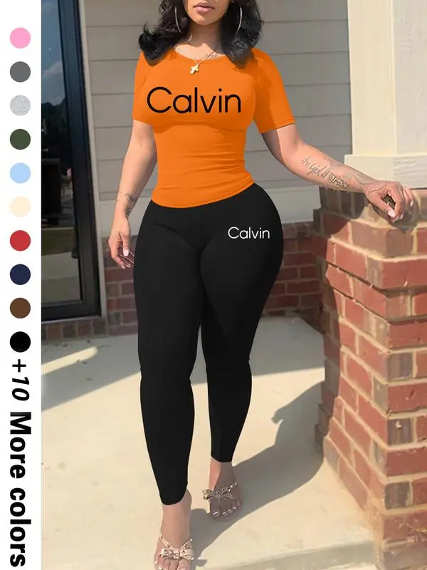 Calvin Letter Printing Women’s Casual Two-Piece Set Trendy Crop Top & Shorts | Lightweight Fabric | Effortless Summer Comfort