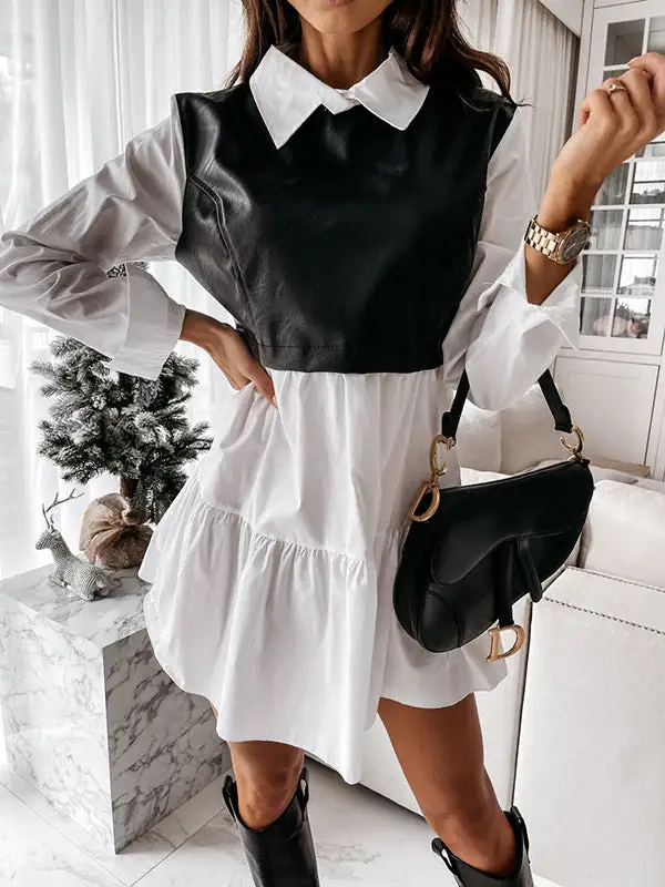 Long Sleeve Relaxed Contrast Color Pleated Split Joint Lapel Mini Dress
