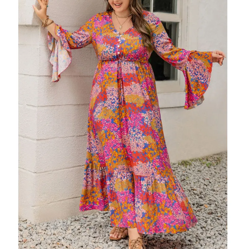 Relaxed Plus Size Printed V Neck Long Sleeve Maxi Dress