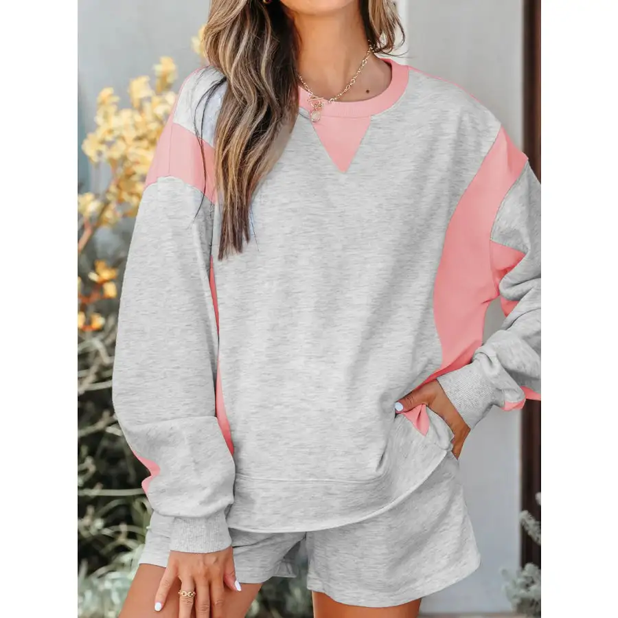 Block Long Sleeve Sweatshirt and Shorts Set