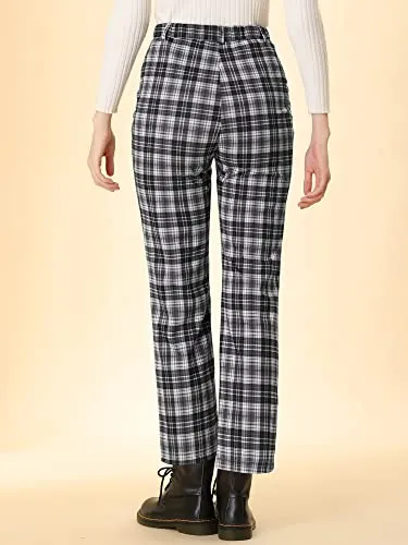 Women's Plaid Cropped Trousers Button Casual Tartan Check Work Pants