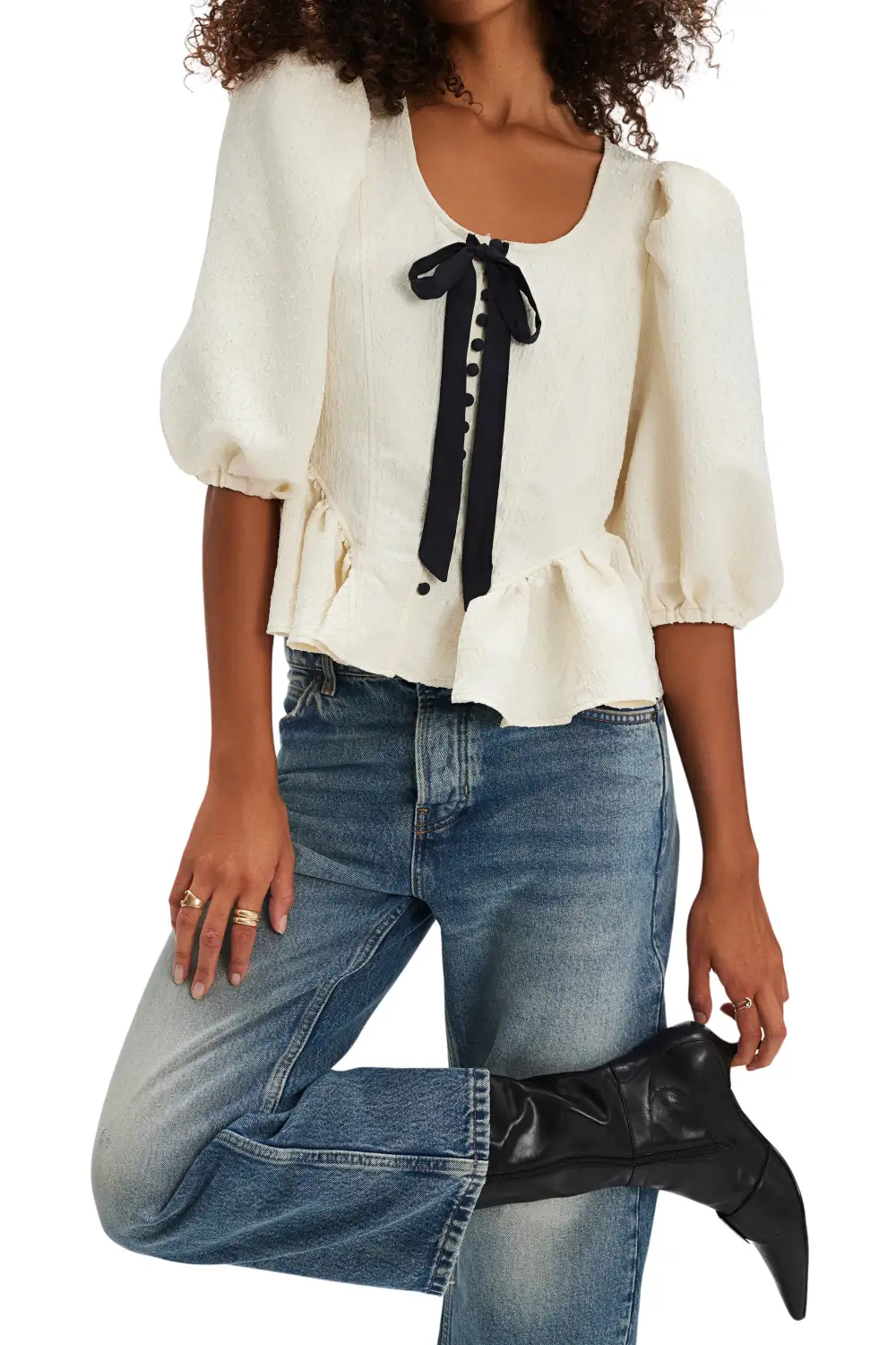 Button Down Bow Tie Ruffle Peplum Shirt