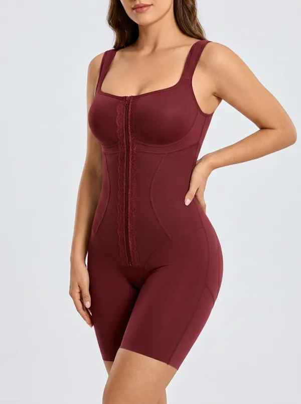 Women's Tummy Control Lace Trim Zip Front Bodysuit Shapewear