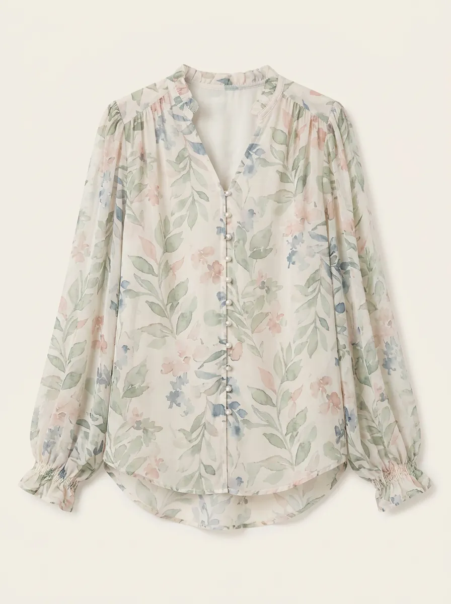 Women's Button-Down Chiffon Blouse Floral Watercolor Print