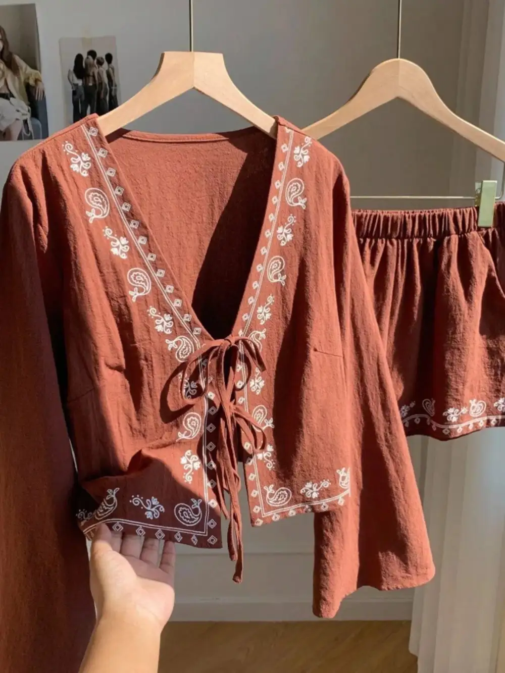 Embroidered Tie Front Top & Shorts Set