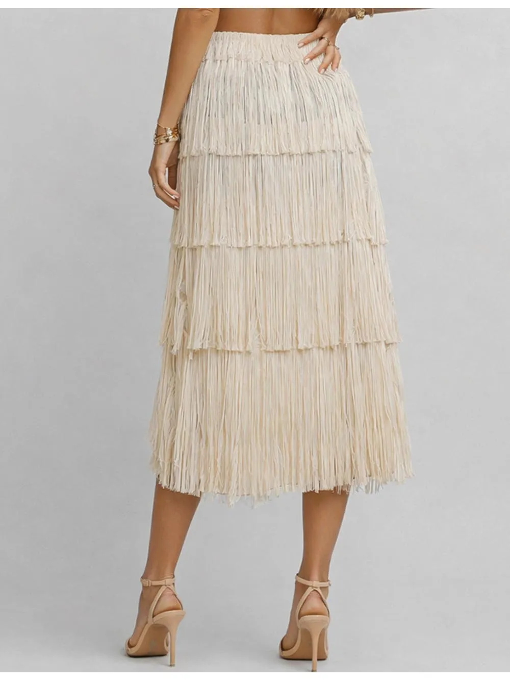Fringe Solid Color Elastic Waist Midi Skirt
