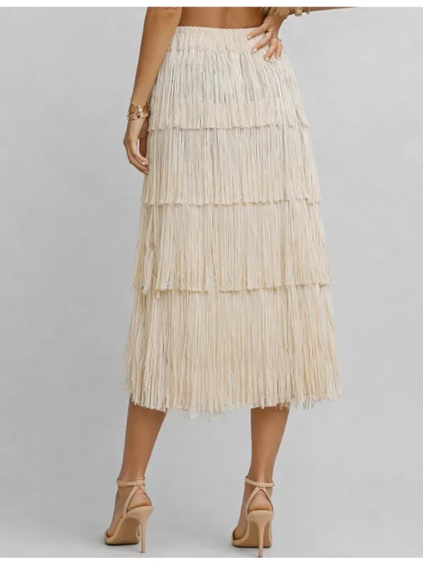 Fringe Solid Color Elastic Waist Midi Skirt