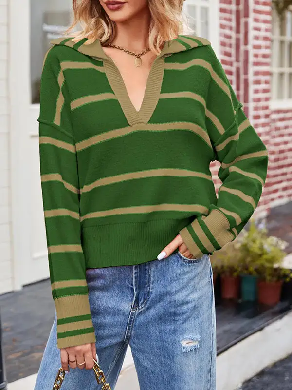 Striped Paneled V-Neck Long Sleeve Relaxed Fit Pullover Sweater
