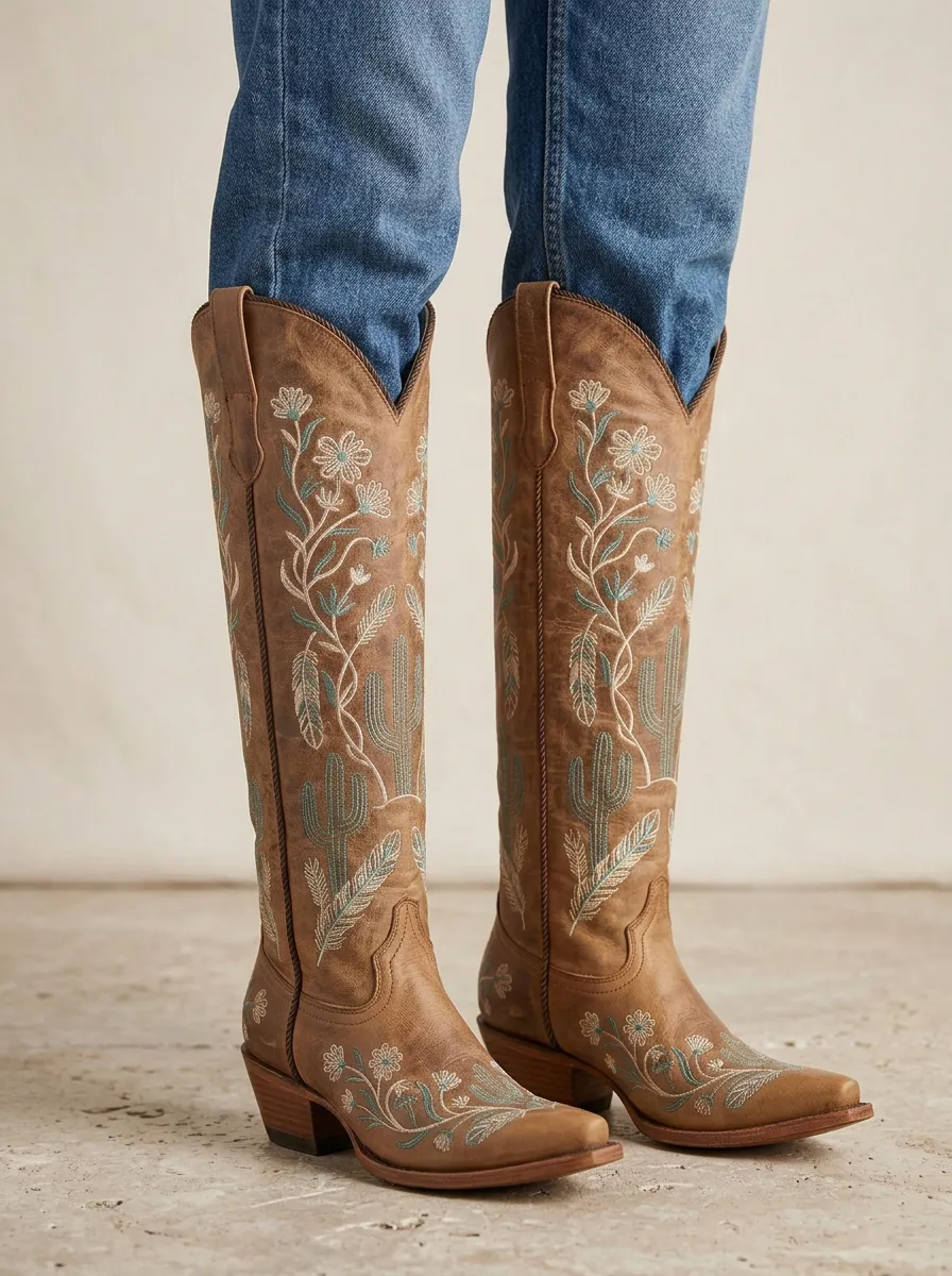 Women's Western Cactus Floral Feather Embroidered Pointed-Toe Block-Heel Denim Over-the-Knee Boots