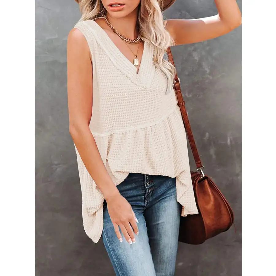 V Neck Waffle Knit Tank Top With