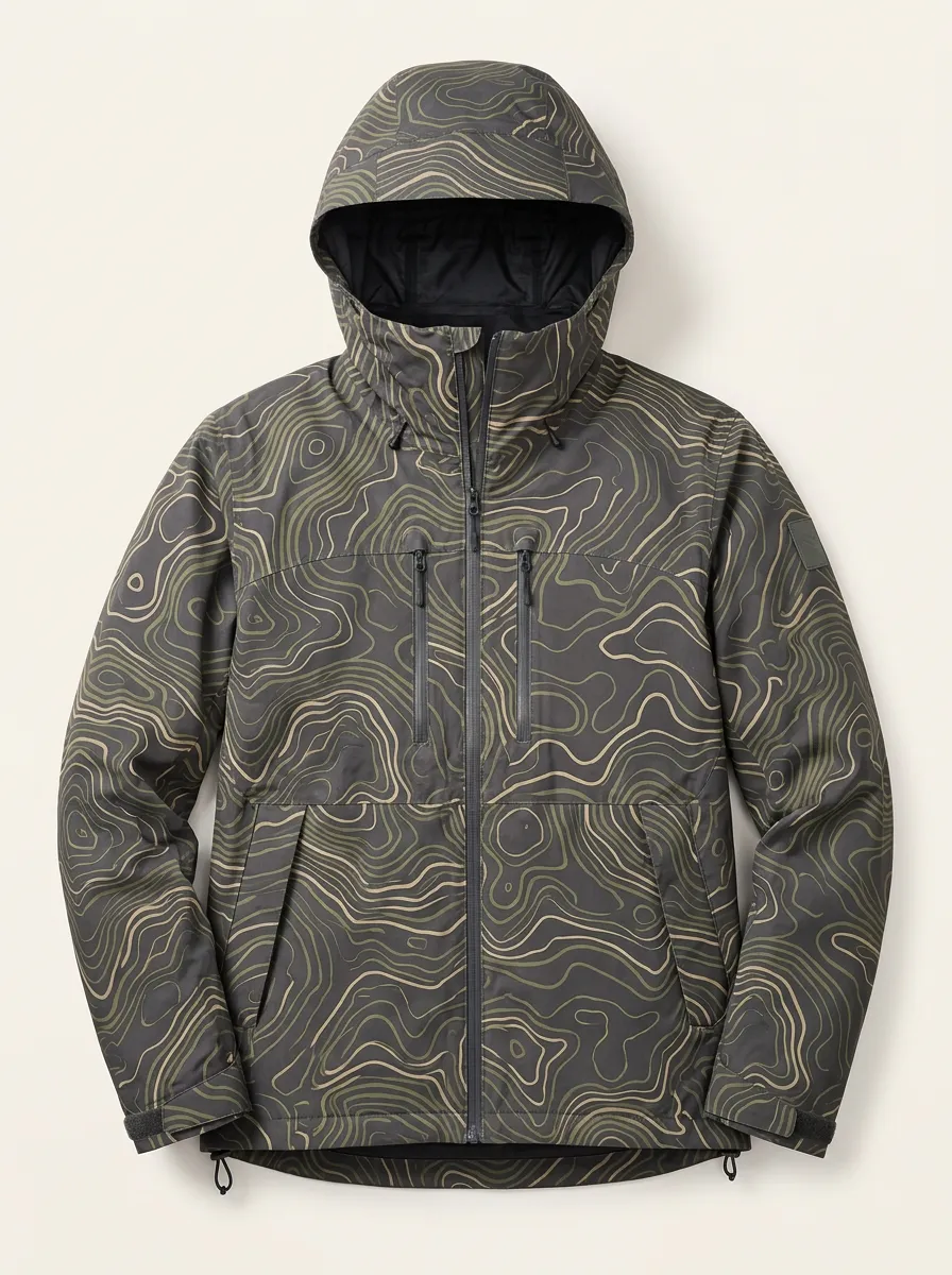 Men's Topographic Print Hooded Utility Jacket Zip-Front