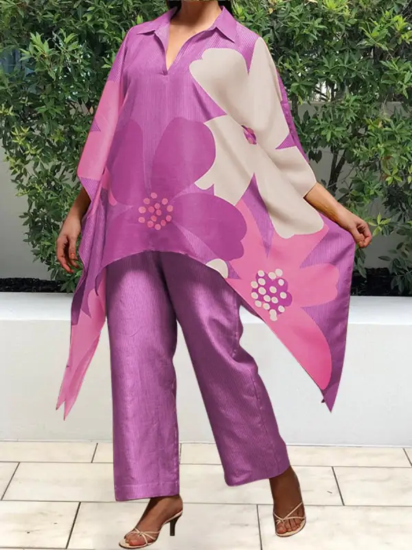 Floral Printing Asymmetrical Hem Kaftan Style Shirt Casual Two-piece Suits
