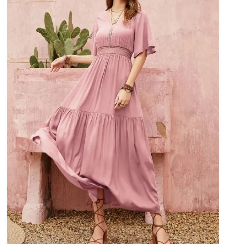 Lace Detail V Neck Short Sleeve Dress