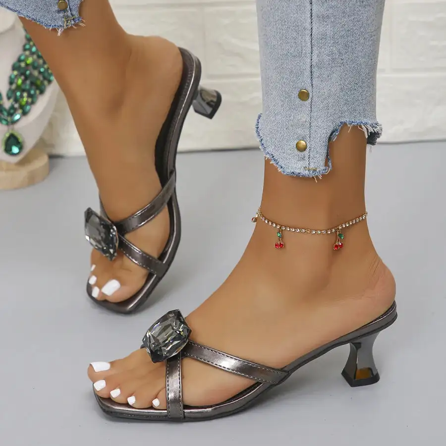 Rhinestone Open Toe Low Heels Sandals