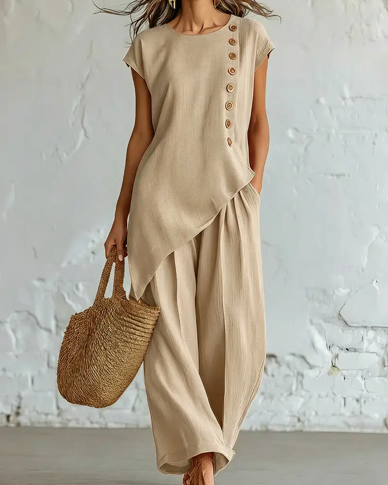 Asymmetrical Button Top and Wide-Leg Pants Lounge Set