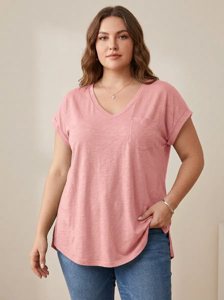 Women's Plus Size Olive V-Neck Pocket Tee