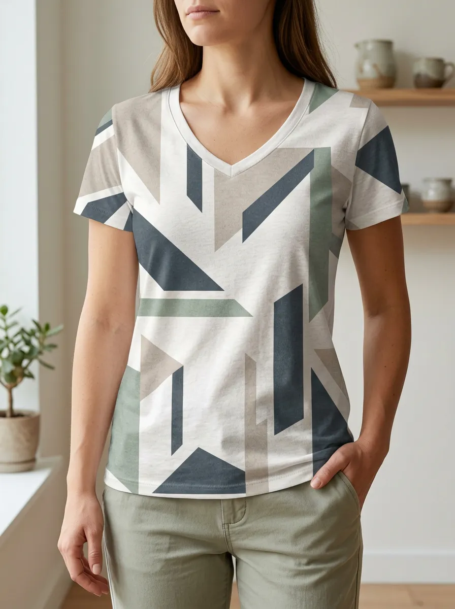 Women's Expressive Geometric Abstract Pattern V-Neck T-Shirt