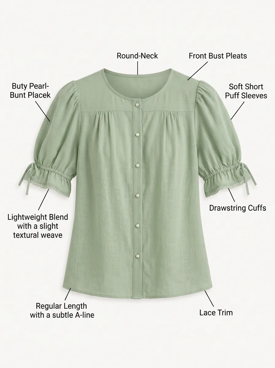 Women's Pearl Button Puff Sleeve Lace Trim Pleated Blouse