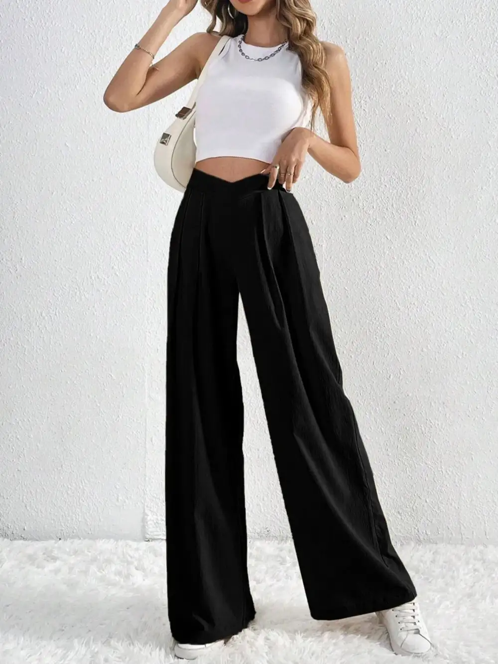 V Waisted Ruched Front Wide Leg Pants
