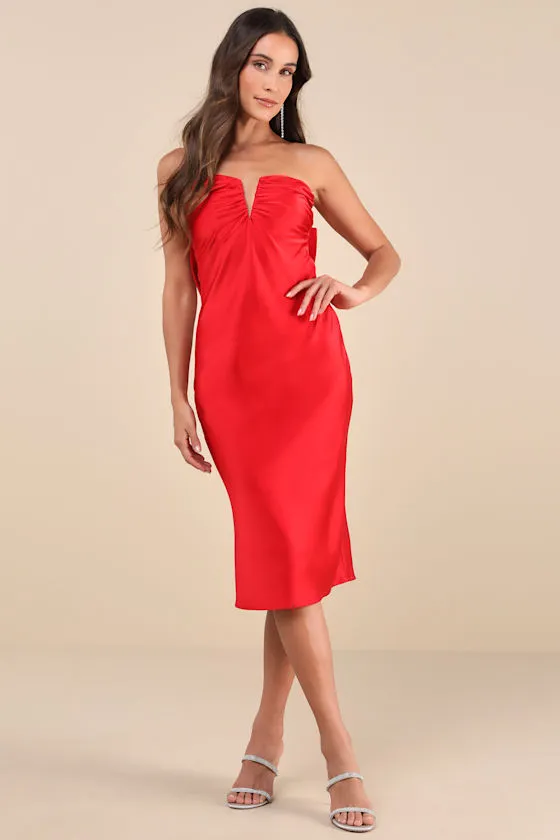 Luxe Crush Red Satin Rhinestone Bow Strapless Midi Dress
