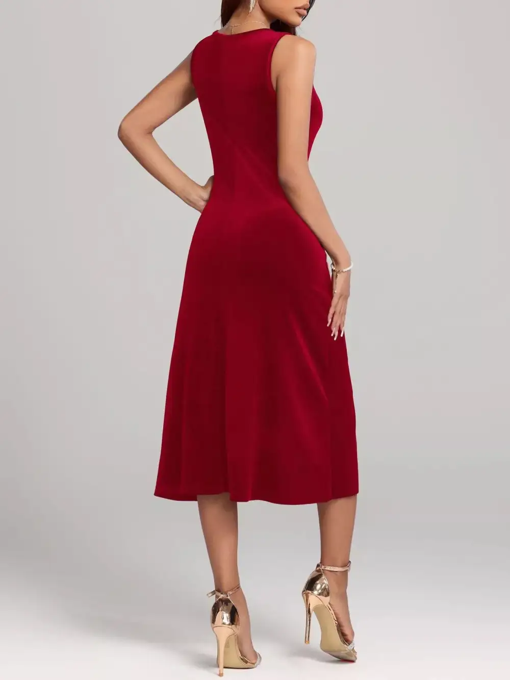 Round Neck Sleeveless Velvet A-Line Midi Dress